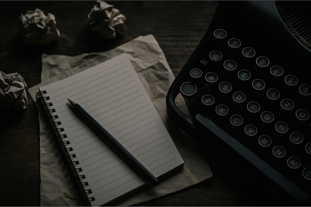mystery writer at desk with notebook